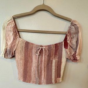 ARITZIA Wilfred Smocked Cropped, Puff-Sleeve Ruched Blouse in Pink